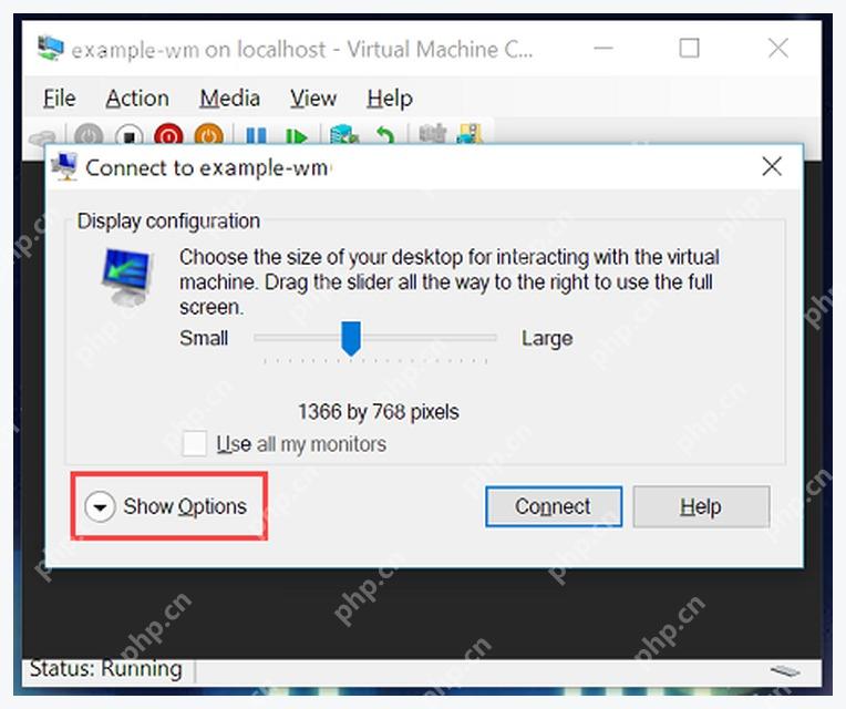 Hyper-V VMConnect 分辨率窗口中 Show Options 按钮