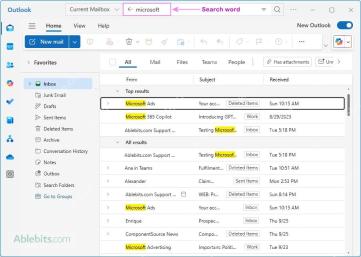 Outlook 搜索框输入关键词后显示邮件结果和所在文件夹标签