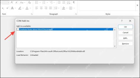 Word COM Add-ins 窗口中取消加载项