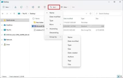 Win11 文件资源管理器打开 Sort 排序菜单
