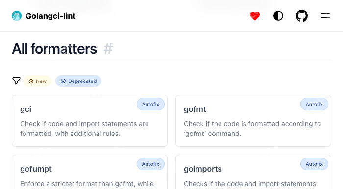 Golangci-lint 官方 Formatters 页面列出 gci、gofmt、gofumpt 与 goimports 等格式化器,显示各自的处理范围
