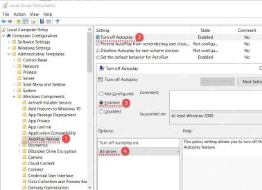 Win11 关闭自动播放策略窗口选择已启用并设置所有驱动器
