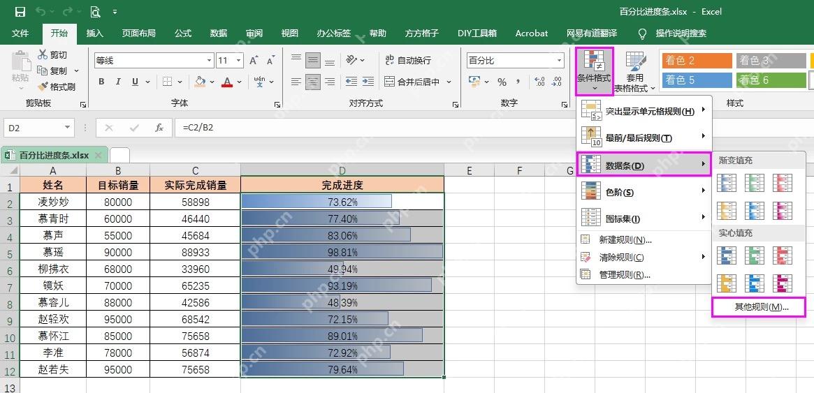 Excel条件格式数据条生成百分比进度条