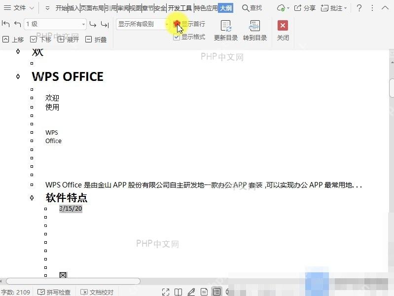 Word在文档大纲视图中显示每个项的首行?设置效果
