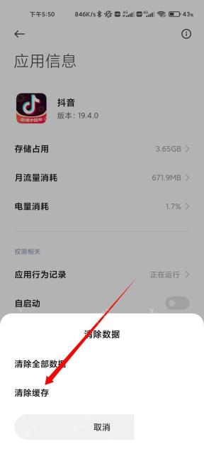 抖音应用信息页清除缓存确认面板,用于释放存储空间