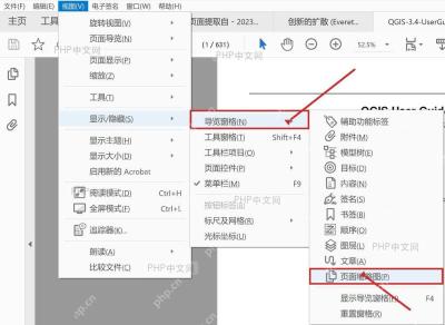 Acrobat显示隐藏菜单中的导航窗格和页面缩略图选项