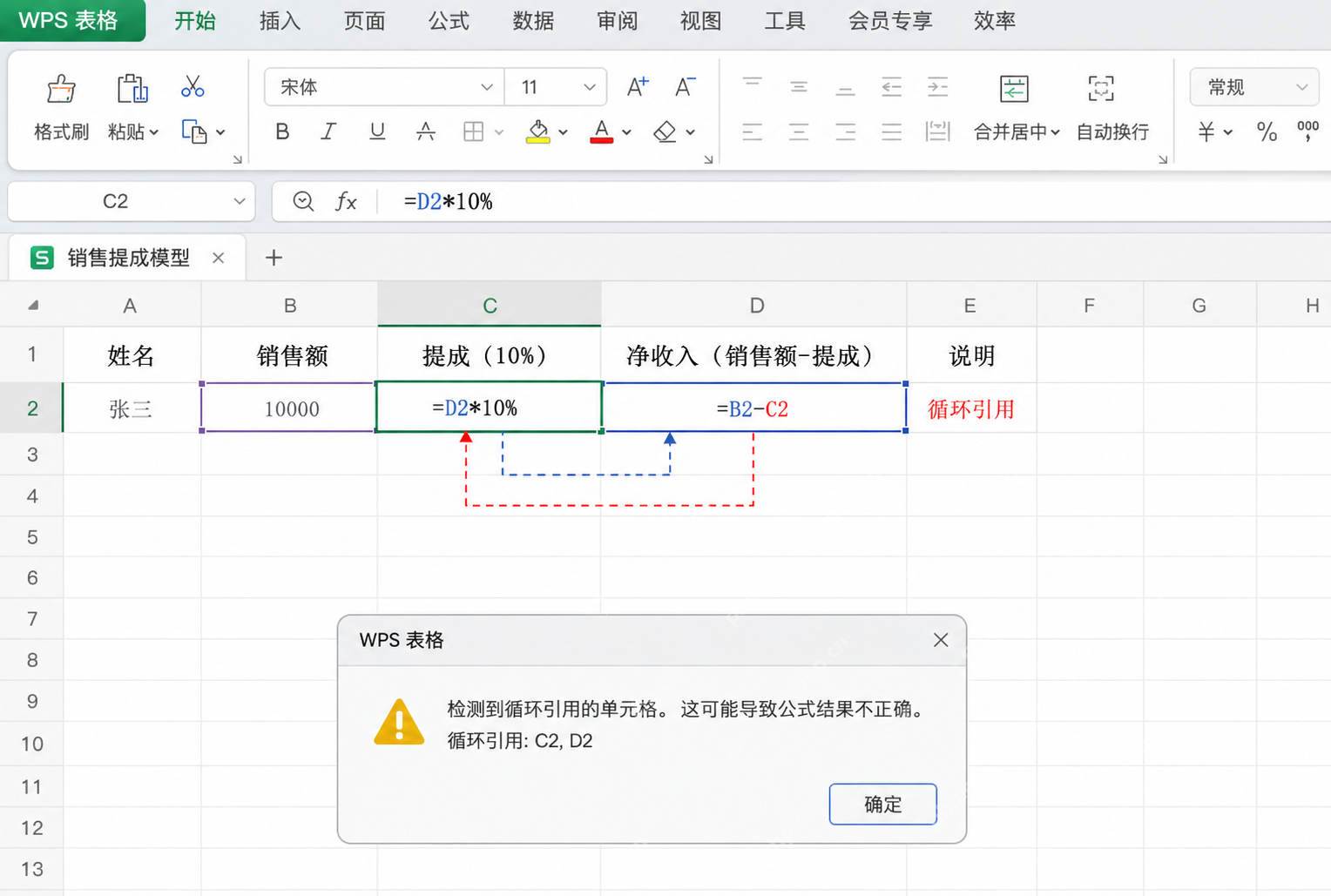 WPS 表格中 C2 和 D2 两个单元格互相引用