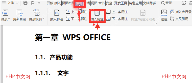 WPS 引用选项卡中插入尾注按钮被红框标出