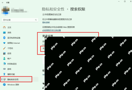 Win11 搜索权限页中查看云中的搜索历史记录和更多设置区域