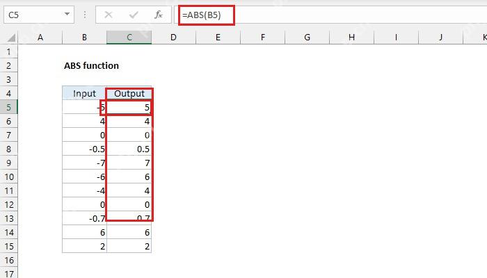 Excel 使用 ABS 函数把负数转换为绝对值结果