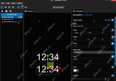 Wallpaper Engine Wallpaper Editor 中 Clock 文本层显示 12:34 和右侧 Text Layer 属性