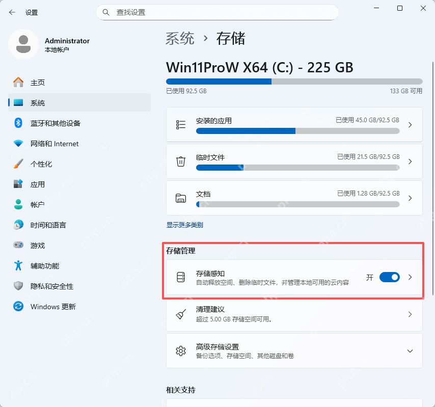 Windows 存储页面中的存储感知开关