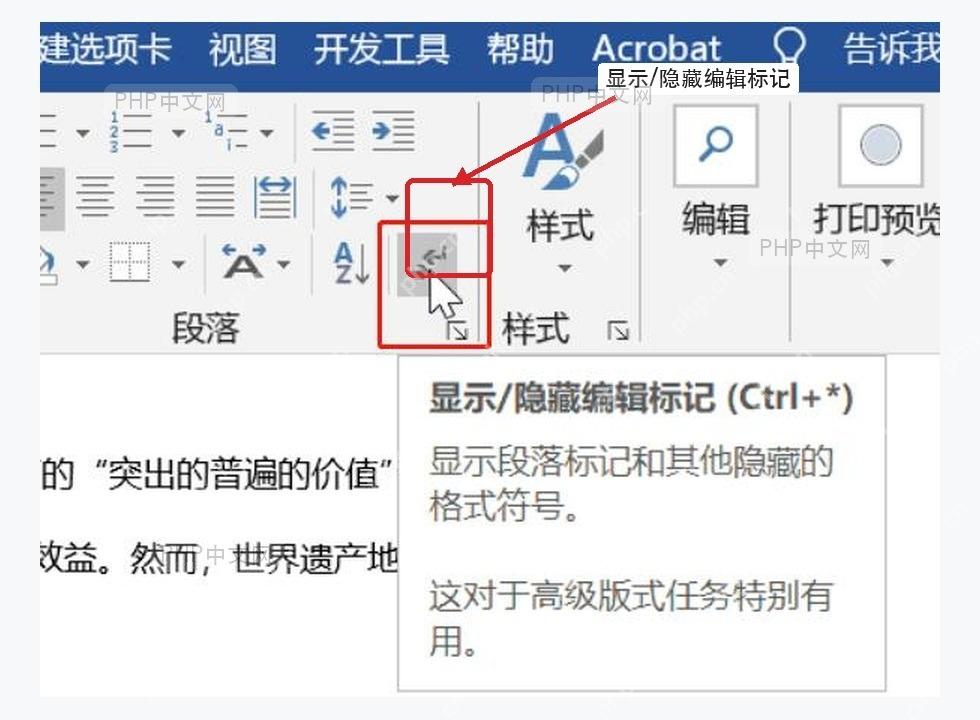 Word 开始选项卡中的显示隐藏编辑标记按钮
