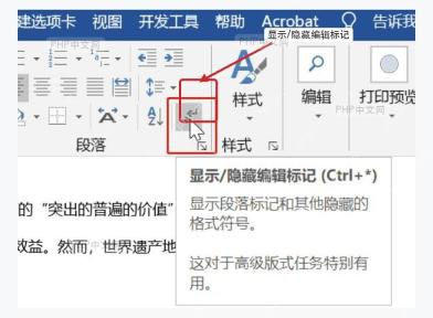Word 开始选项卡中的显示隐藏编辑标记按钮