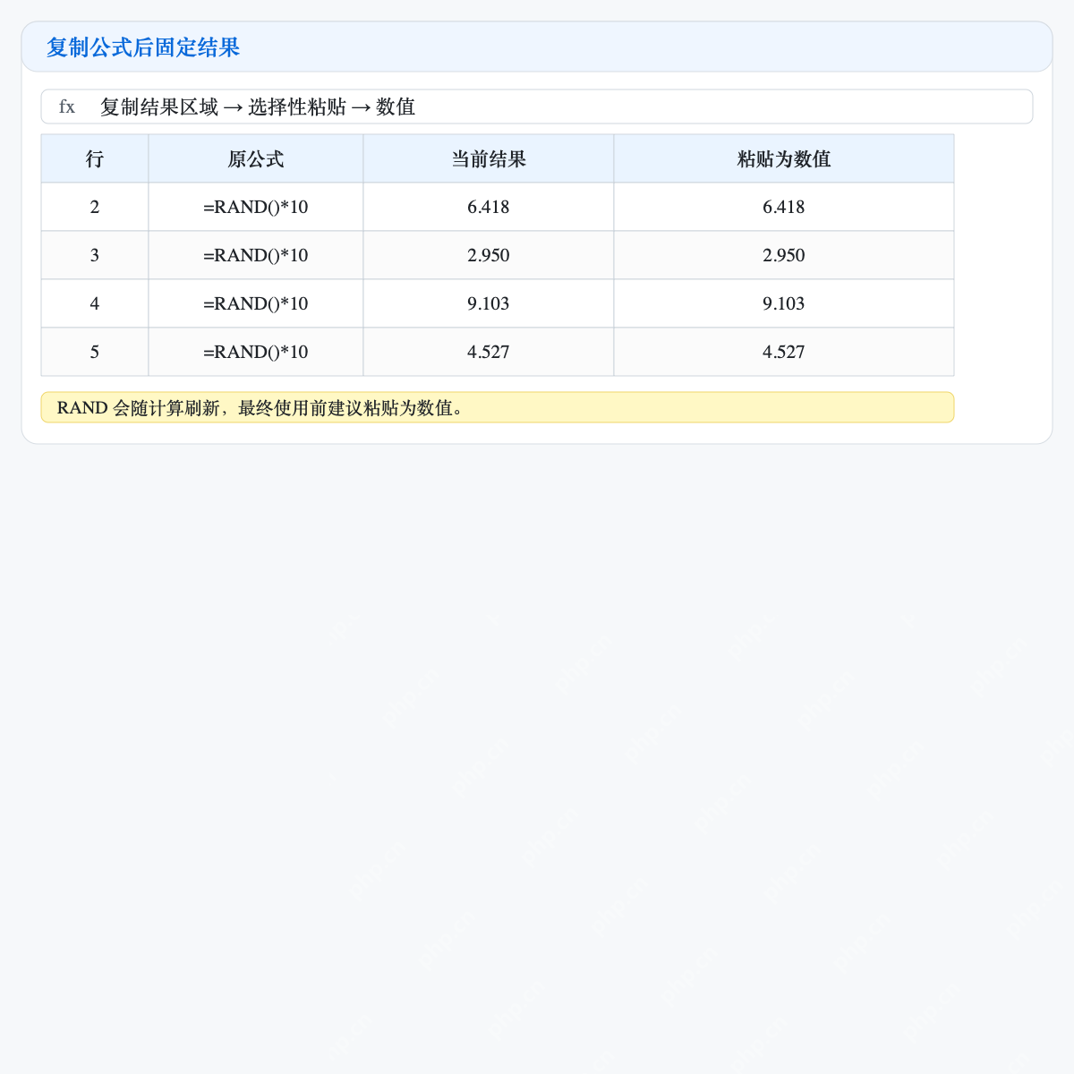 Excel 复制随机结果并粘贴为数值固定结果