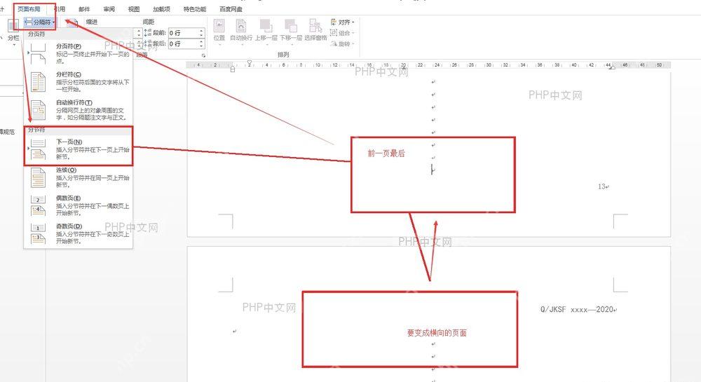 Word 页面布局中展开分隔符并选择下一页分节符