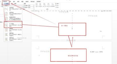 Word 页面布局中展开分隔符并选择下一页分节符