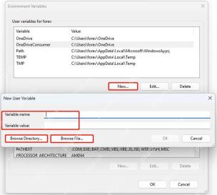 Win11 新建用户变量窗口填写变量名和变量值