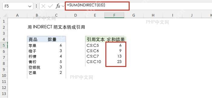 Excel公式栏中使用SUM和INDIRECT把文本地址转成可计算区域
