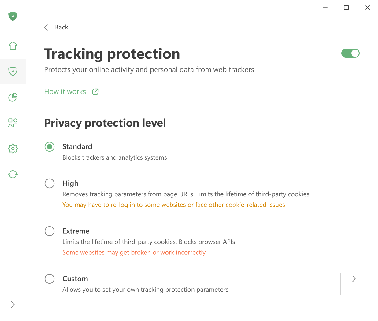 AdGuard Tracking protection 页面保护级别选择