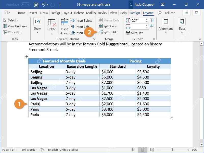Word 表格工具 Layout 选项卡中点击 Split Cells 拆分单元格按钮