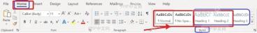 Word 开始选项卡样式库中选择标题 1 和标题 2 样式