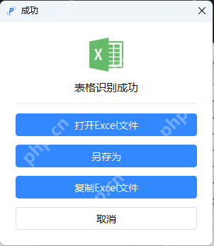 PixPin 表格识别成功窗口展示打开Excel文件另存为和复制Excel文件按钮,证明识别完成后可以直接把结果送进 Excel