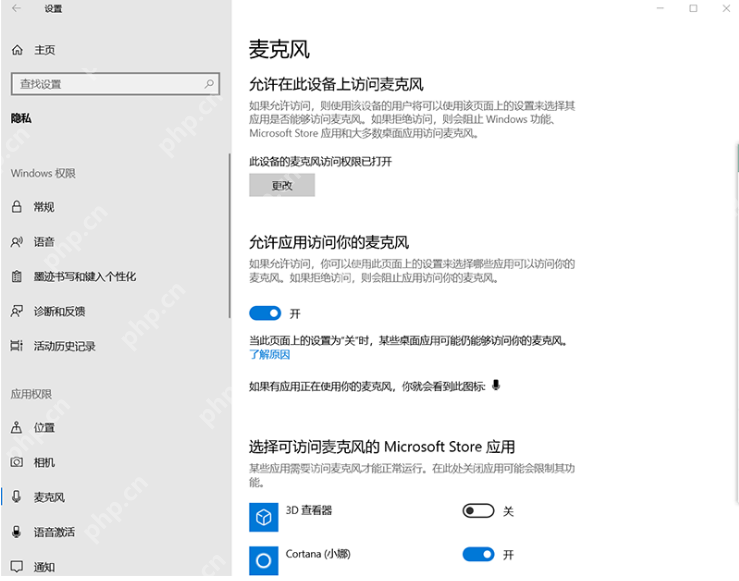 Win10 隐私中的麦克风权限页面