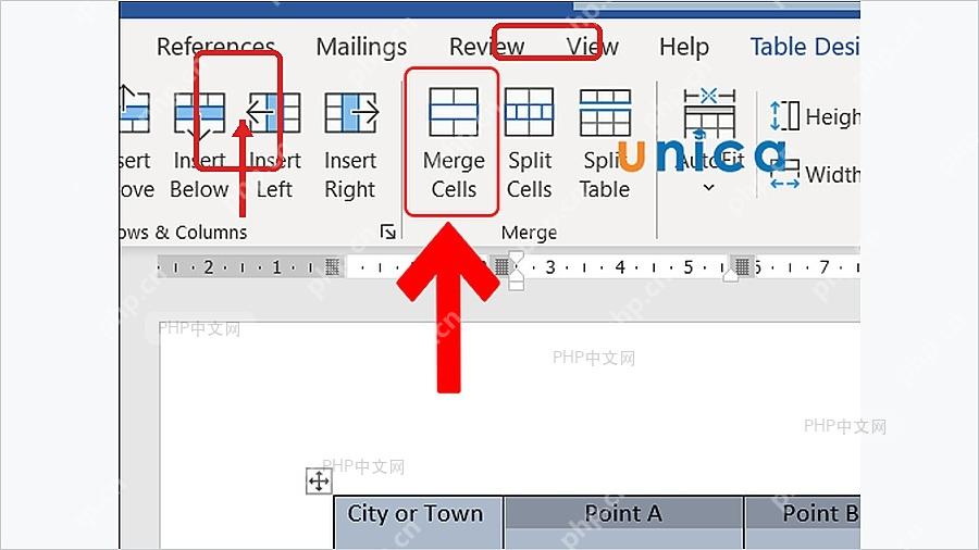 Word表格工具布局选项卡中的合并单元格按钮