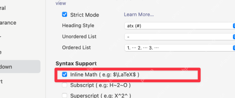 Typora Preferences 的 Markdown 页 Inline Math 近景,对应排查行内公式开关。