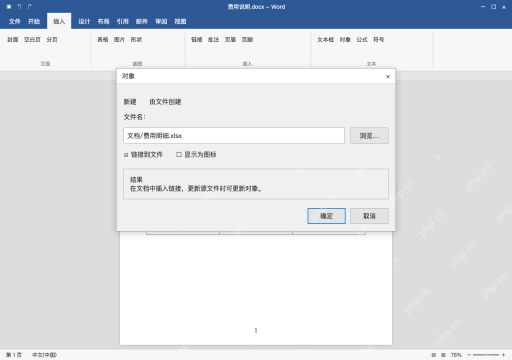 模拟 Microsoft Word Windows桌面版 完整窗口：路线二：勾链接到文件，保留源位置