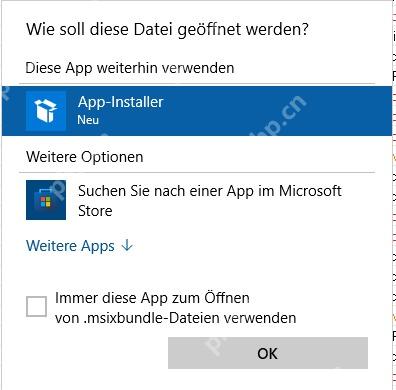 Windows 打开 msixbundle 时选择 App Installer 并设为始终使用