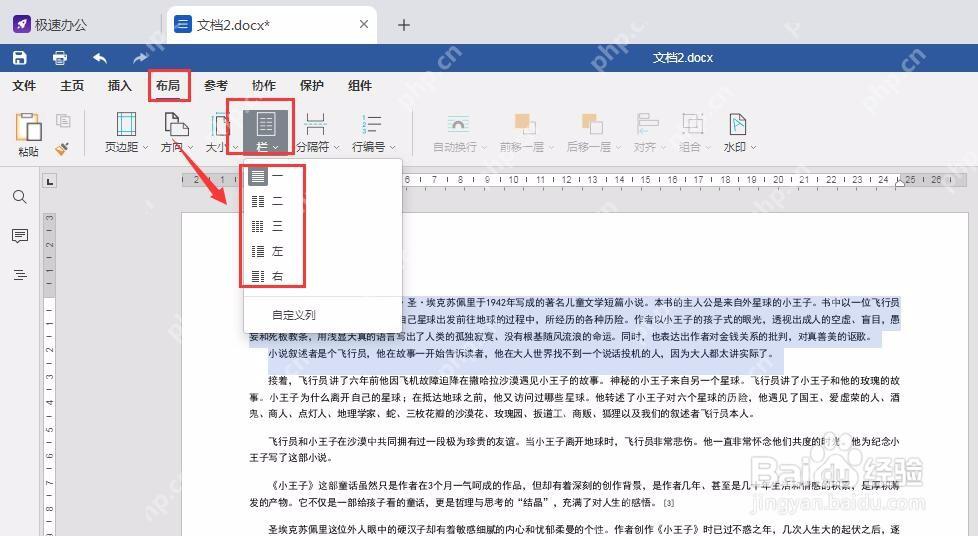 Word 布局菜单中打开分栏选项