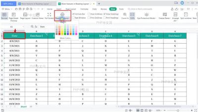 第一步:打开表格并点到数据区对应的 WPS 表格真实界面,显示阅读模式相关入口和表格数据区域