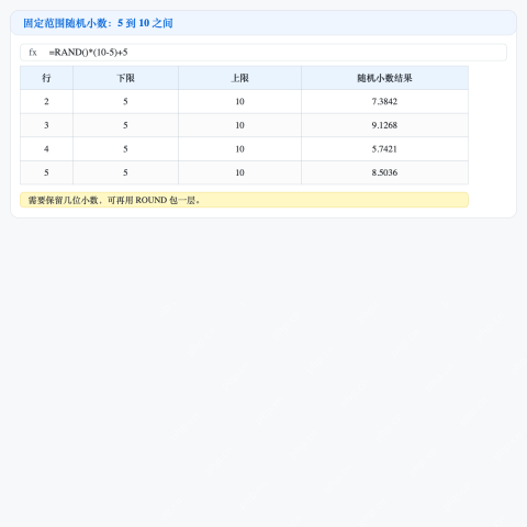 Excel 使用 RAND 生成 5 到 10 之间随机小数