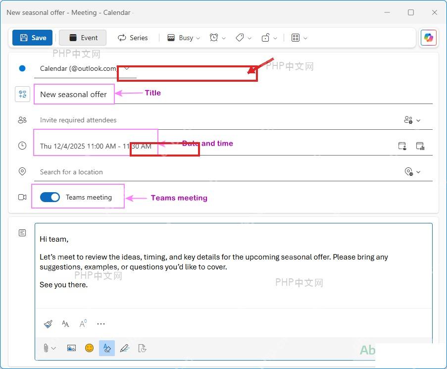 Microsoft 365 Outlook 事件详情里填写时间和会议选项