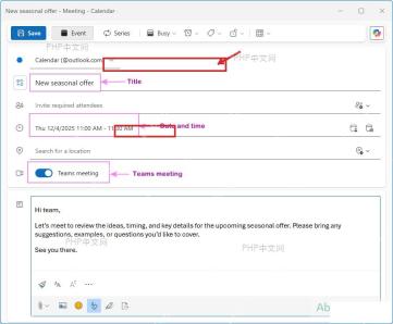 Microsoft 365 Outlook 事件详情里填写时间和会议选项