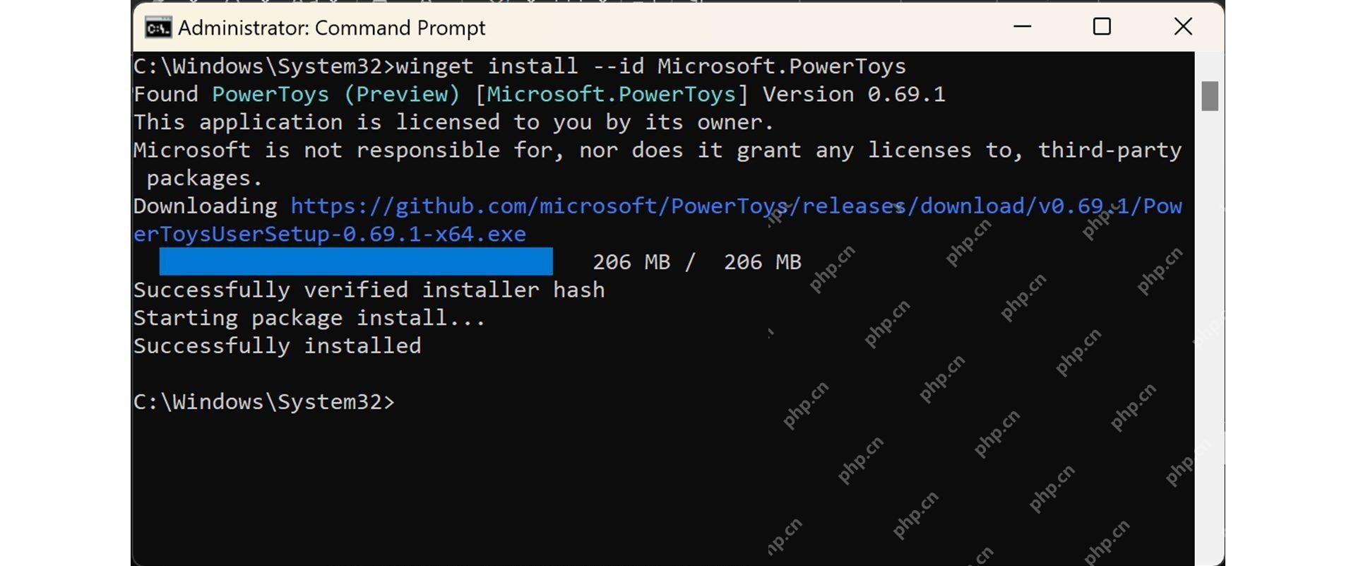 Win11 管理员命令提示符运行 winget install Microsoft.PowerToys 下载 x64 安装包