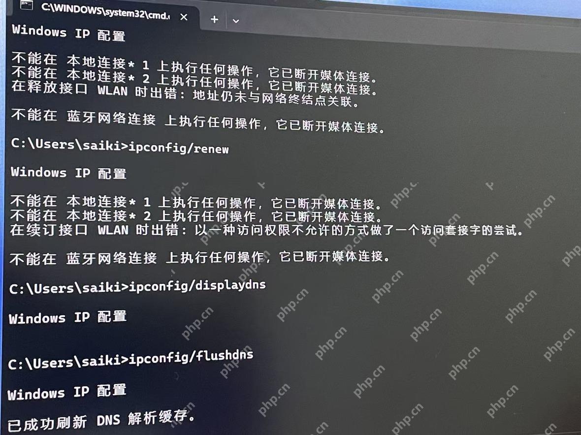 在命令提示符中执行 ipconfig 网络刷新命令