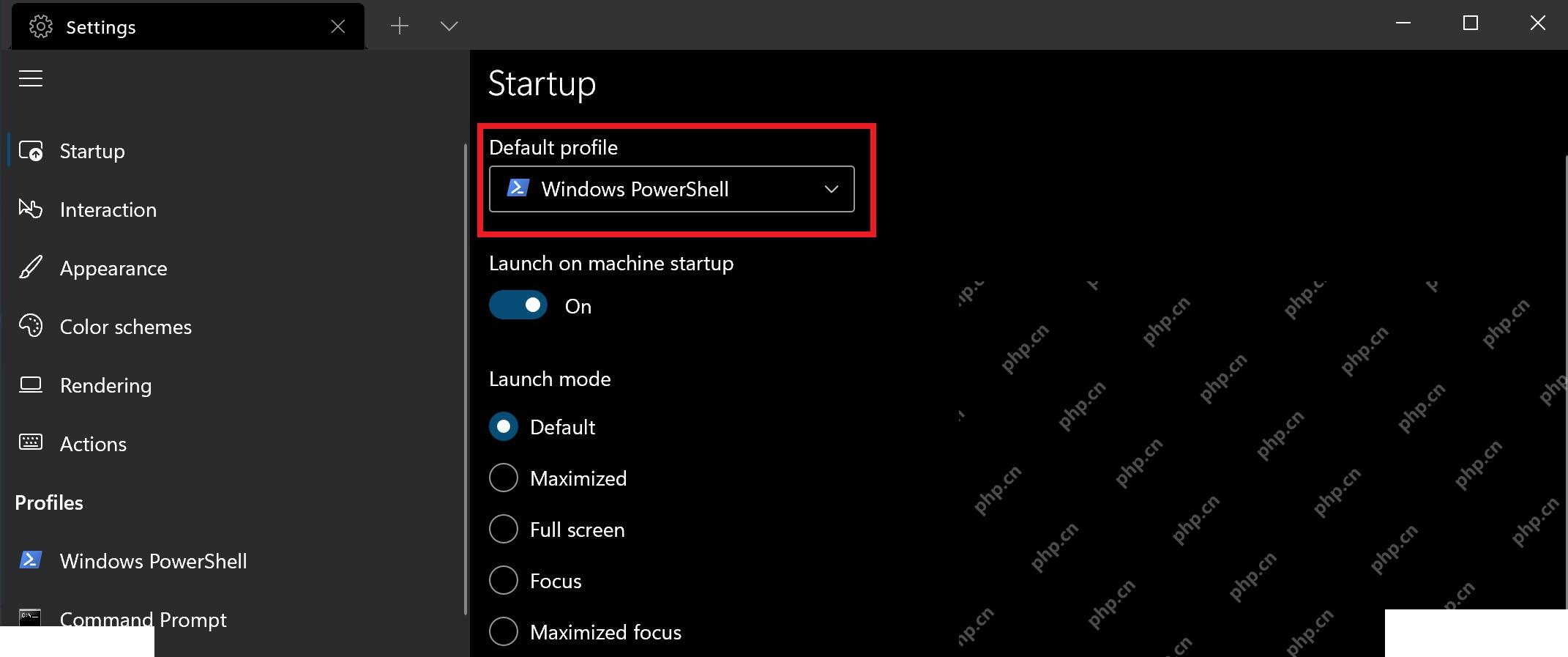 Windows 终端启动页中选择默认配置文件