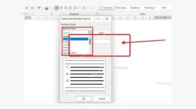 Word 定义新编号格式窗口中的 Number style 数字样式下拉项