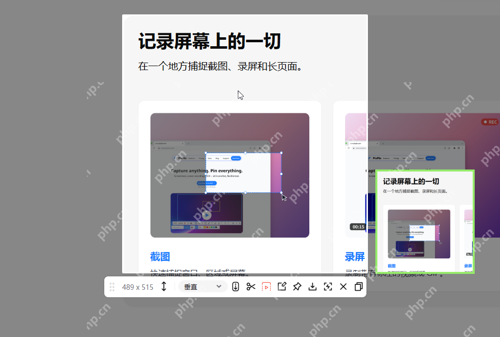 Windows 中文 PixPin 长截图演示画面显示当前高亮拼接区域和右侧缩略预览,证明发现接缝错位时应立刻停下来重新裁切