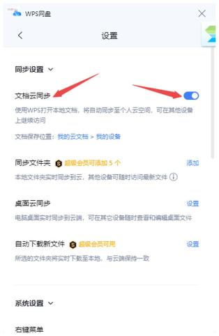 WPS 设置窗口中定位文档云同步开关并准备关闭自动同步