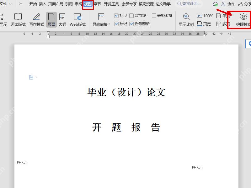 WPS 文字视图选项卡中的护眼模式按钮,用于开启护眼模式