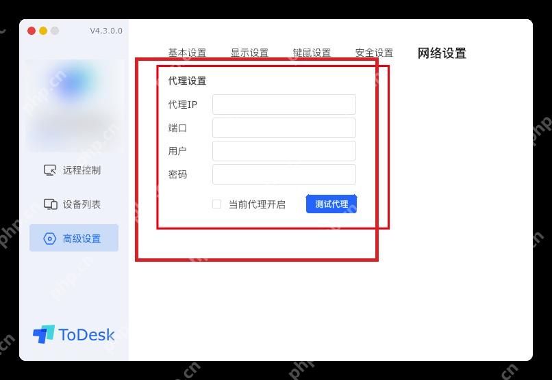 ToDesk 网络设置页面高亮代理地址端口账号和密码输入项
