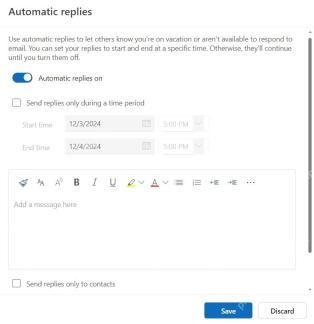 Outlook Automatic replies 页面显示自动回复开关、时间范围和回复正文编辑框