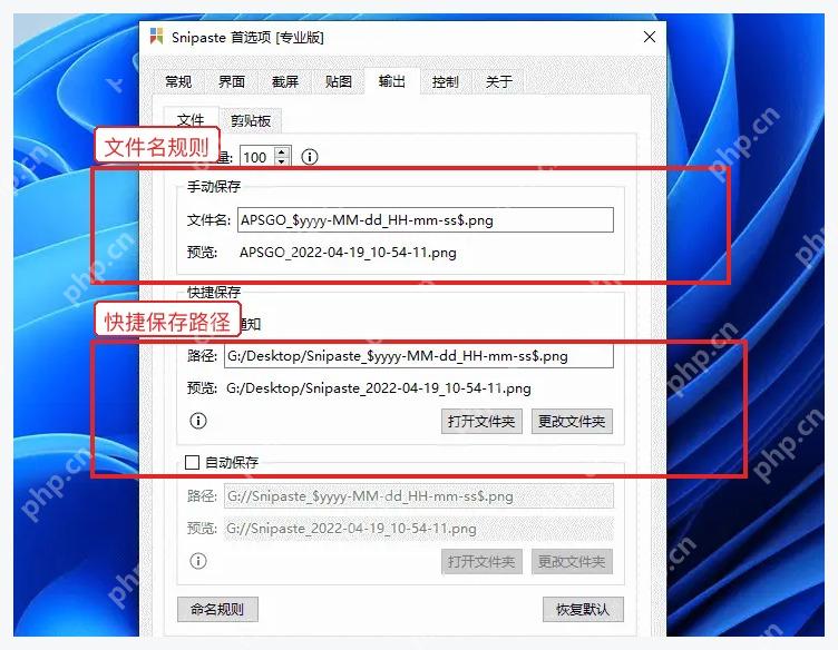 Snipaste 输出页中的命名规则和快捷保存路径