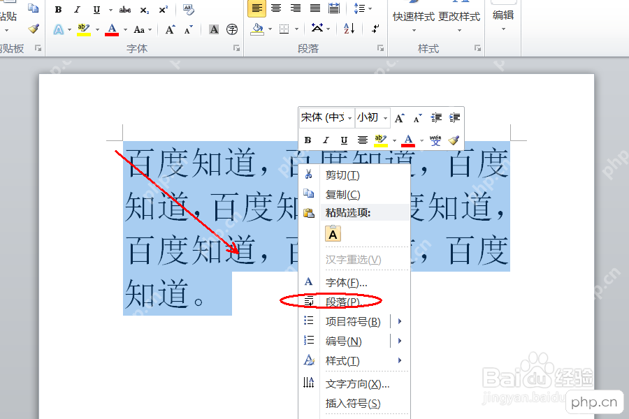 WPS文字右键菜单中打开段落设置