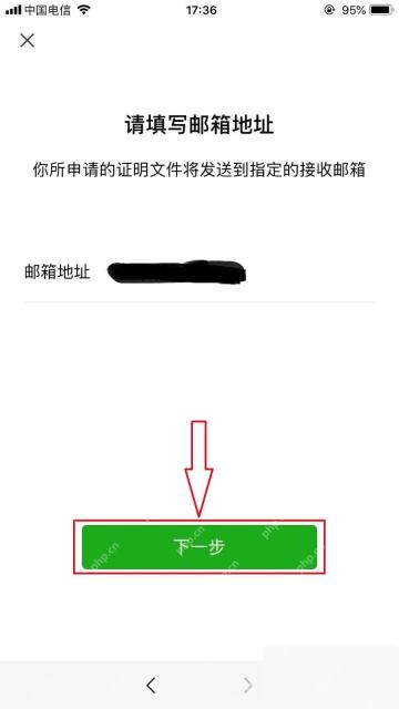 微信申请交易明细证明页面里的邮箱地址和下一步按钮