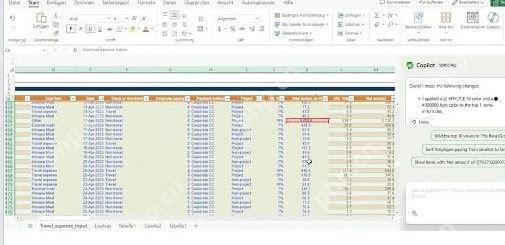 Copilot 面板基于当前 Excel 表格返回可继续追问的结果,服务于输入异常值问题步骤